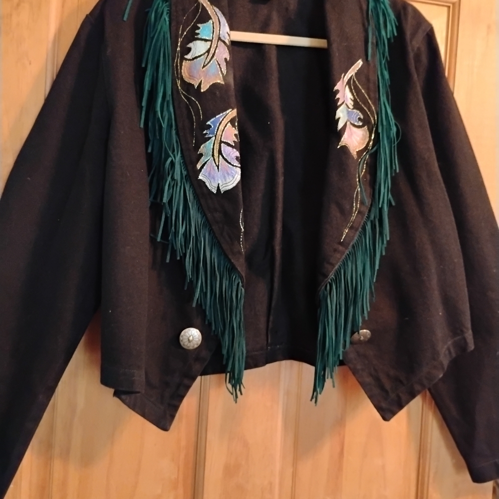 Wanted Black Jean Jacket with Green Fringe